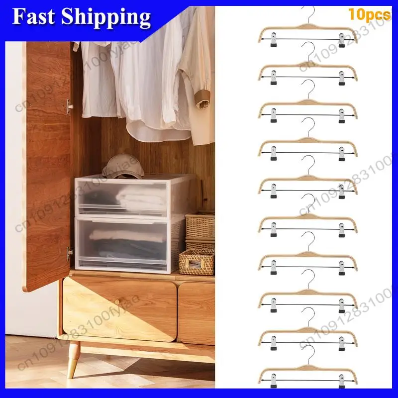

-X07A 10 Pack Solid Finish Wooden Trousers/Skirt Hangers With Anti-Rust Clips Coat Clothes Hangers