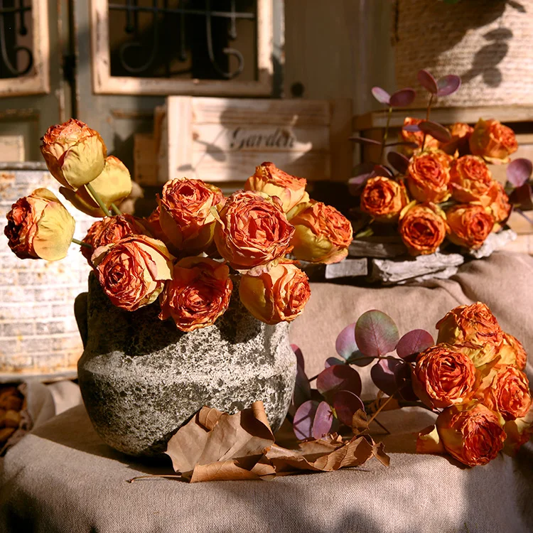 Silk Artificial Roses Fake Bouquet Retro Burnt Edge Flowers Hotel Shopping Mall Decoration Orange Red Rose Simulation Flower