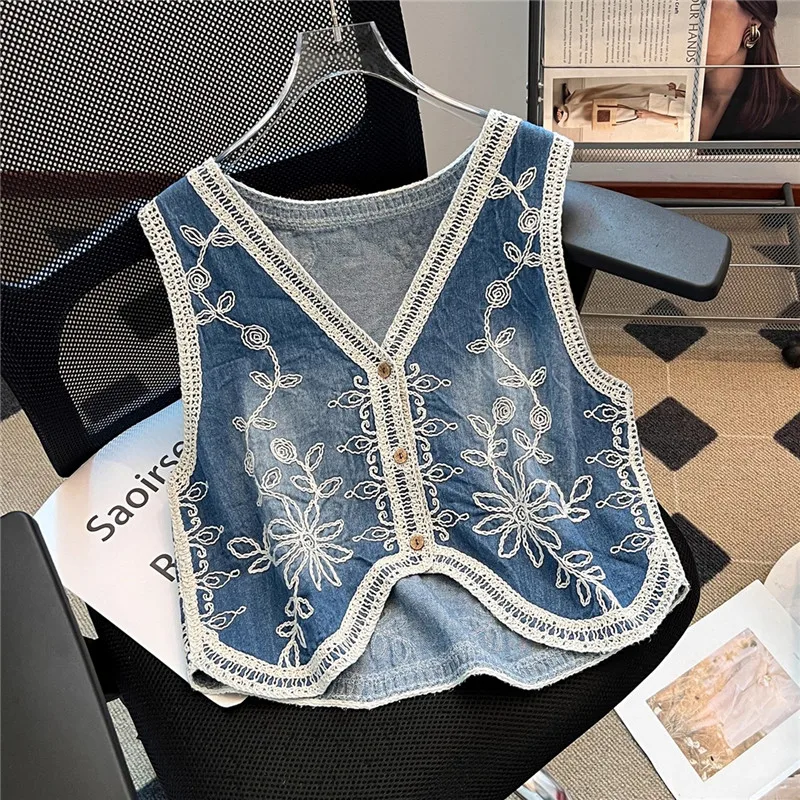 

Vintage Flower Embroidery Short Denim Vest Summer New Women Slim Thin Sleeveless Jacket V-Neck Single-Breasted Cowboy Waistcoat