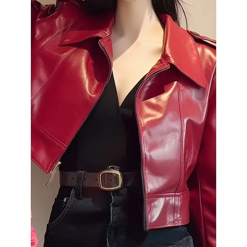 المرأة الأحمر بولي Leather سترة جلدية ربيع الخريف نمط جديد سستة تصميم بدوره إلى أسفل طوق معطف قصير الإناث طويلة الأكمام بلون أعلى