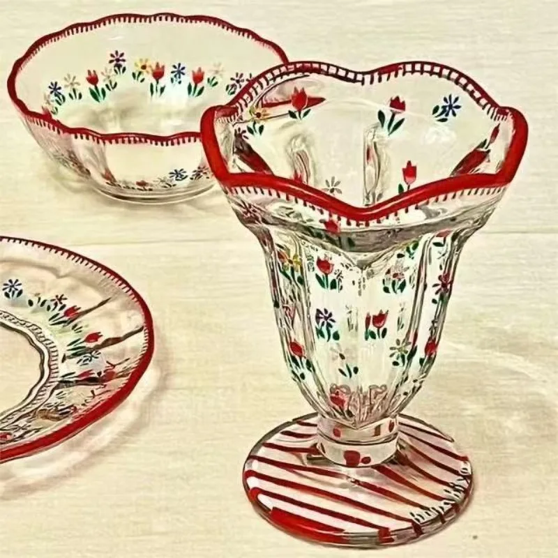 Hand Drawn Floral Glass Cup High Footed Cup High Aesthetic Drinking Mugs Pattern Borosilicate Glass Milk Party Kitchen Drinkware