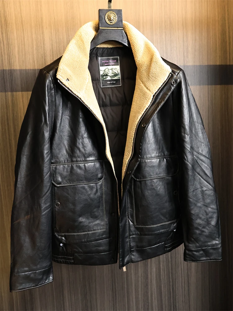 

Men's Pure Color Lamb Fur Collar Ultra-Leather down Filled Faionable Winter Coat Warm Straight Cut Long Sve Zipper Closure
