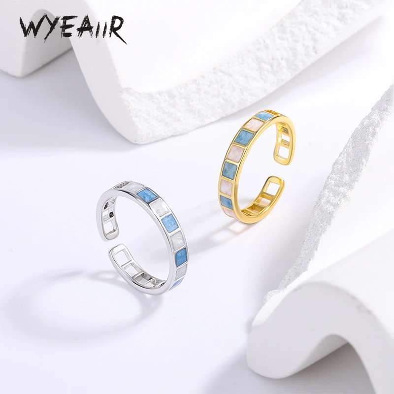 

WYEAIIR 925 Sterling Silver Blue Drop Glaze Geometric Square Fine Jewelry Luxury Resizable Opening Female Ring
