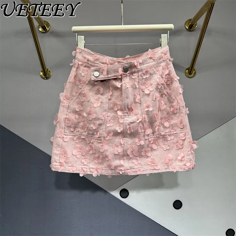 

Unique 3D Flowers Patch Denim Skirt Women 2024 Spring Summer New Fashion All-Match Slimming A- Line Hip Mini Skirt Kawaii Skirts