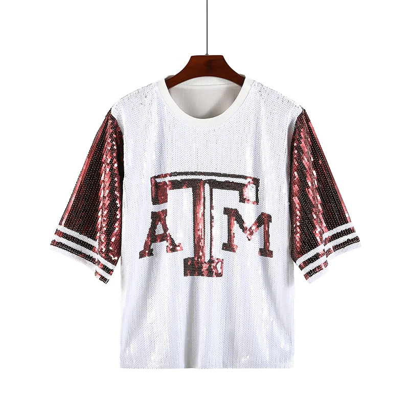 Short Sleeves One Size Fits all Aggies Football Sequin Tops For Texas