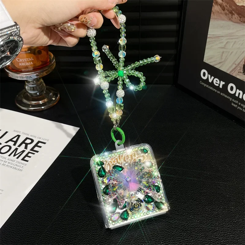 For Samsung Galaxy Z Flip 7 FE 6 5 4 3 Flip7 5G Luxury Crystal Vivid Butterfly Flower Diamond Stone Pearl Wrist Phone Case Cover view 5