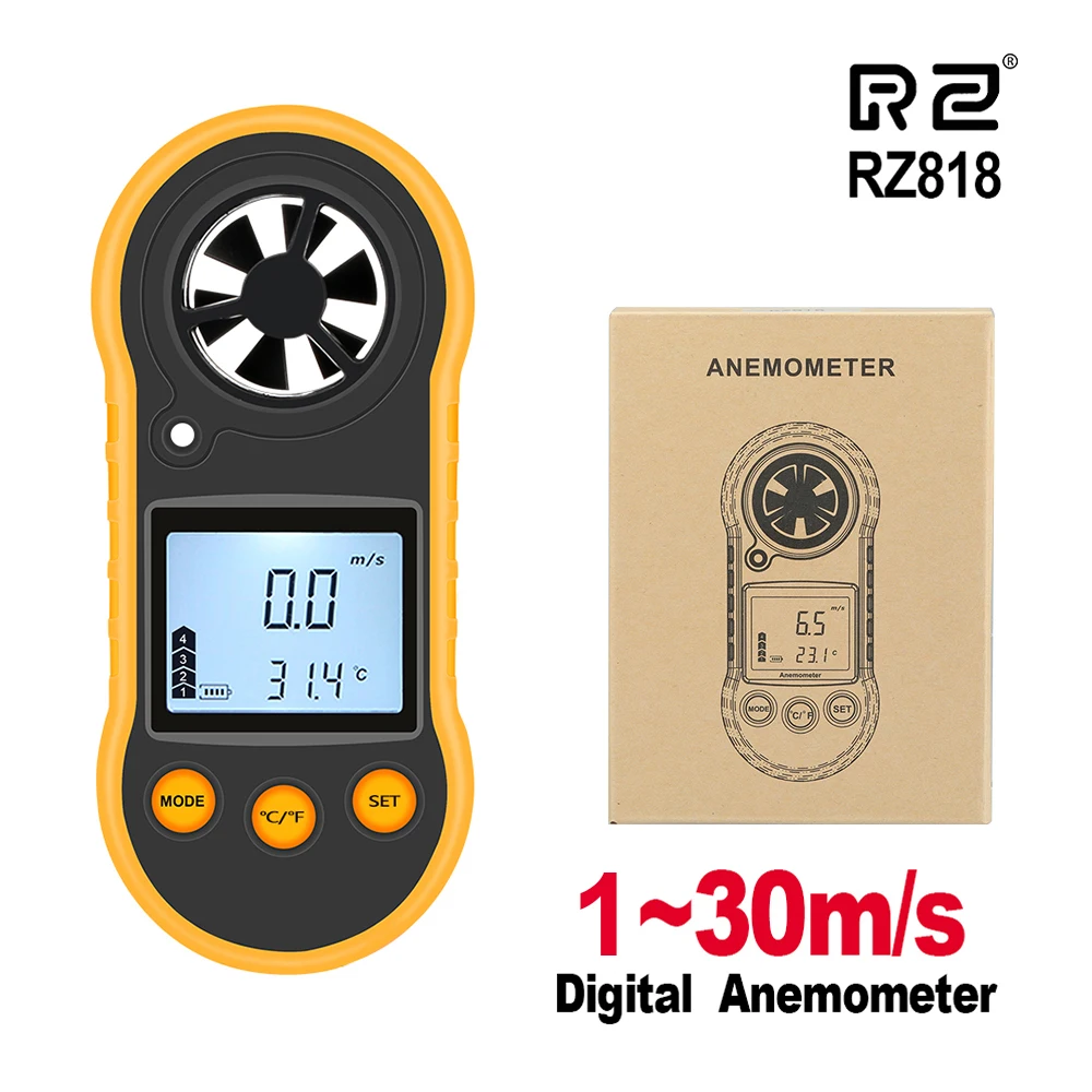 RZ Anemometer Handheld Wind Speed Meter RZ818 for Measuring Wind Speed Temperature and Wind Chill with Backlight LCD