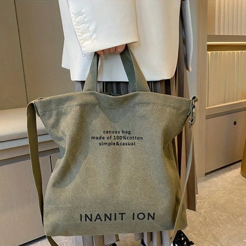 Fashionable Japanese Canvas Tote Bag with Letter Print, Large Capacity Casual Hand-held Shoulder Bags, Suitable for Commuting