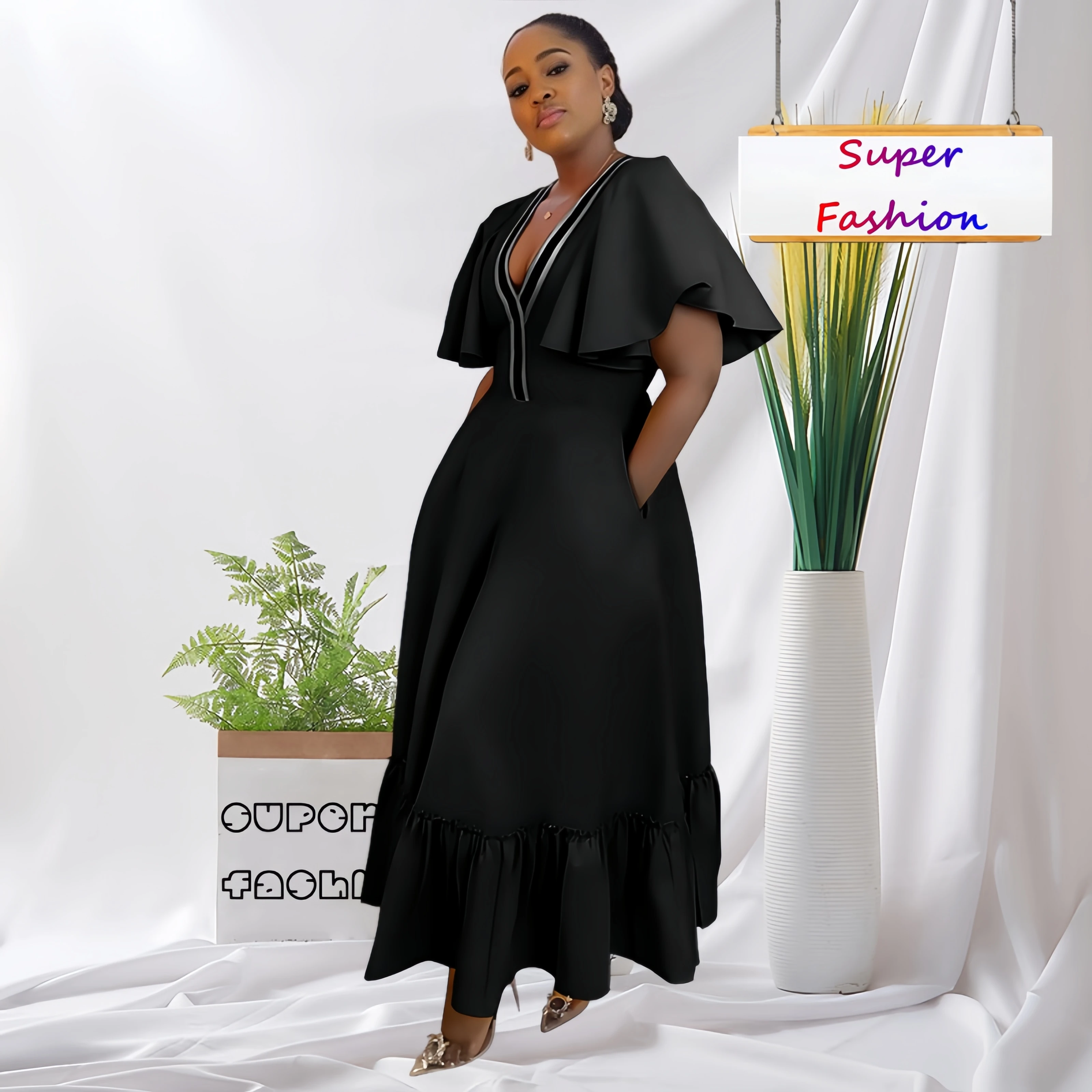 Wsfec XL-5XL kleider für frauen 2024 plus size frauen kleidung kurzarm rüschen plissiert lässig elegant afrikanisches langes kleid