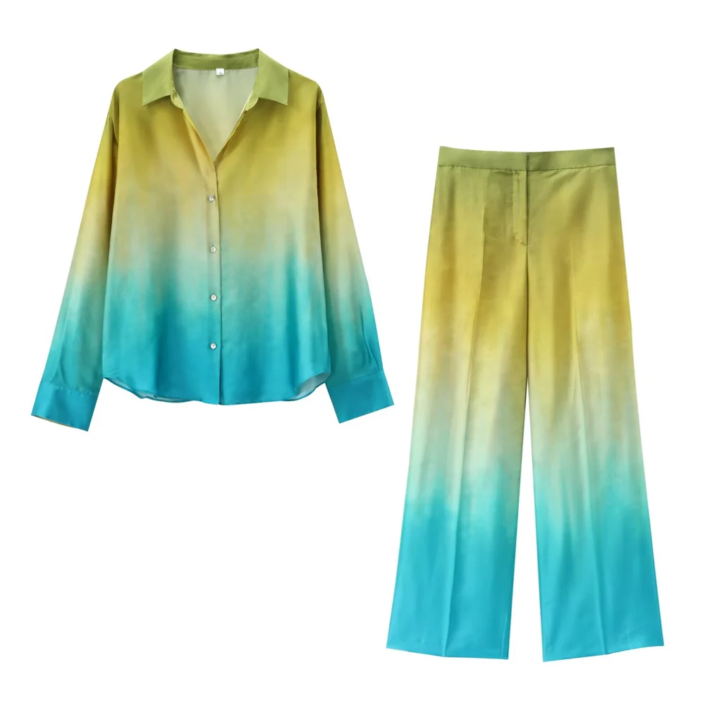 PB&ZA2024 Summer New Fashion Casual Women\'s Wear Tie Dyed Decoration Silk Satin Texture Shirt Straight leg Pants