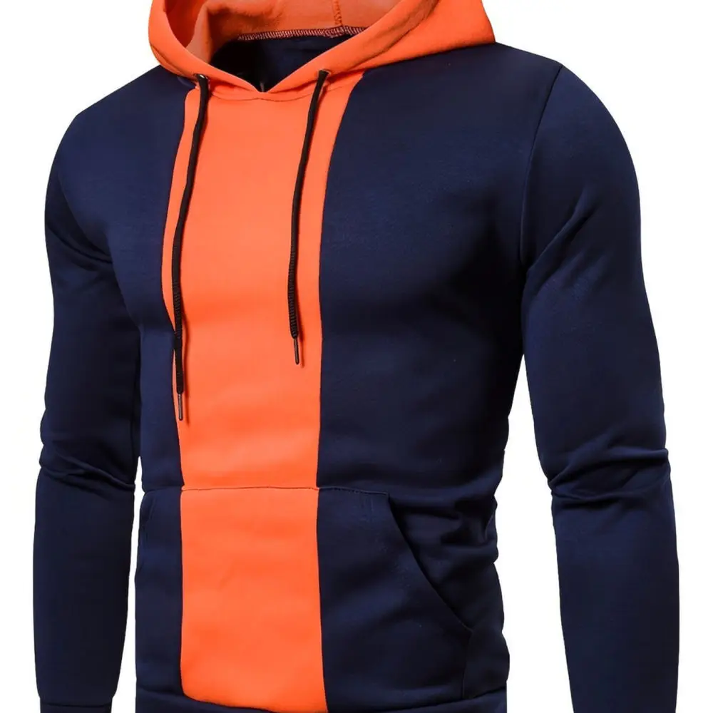 Fleece Lined Mens Pullover Sweatshirt Color Block Casual Hooded Sport Hoodie Autumn Spring Warm Long Sleeve Top