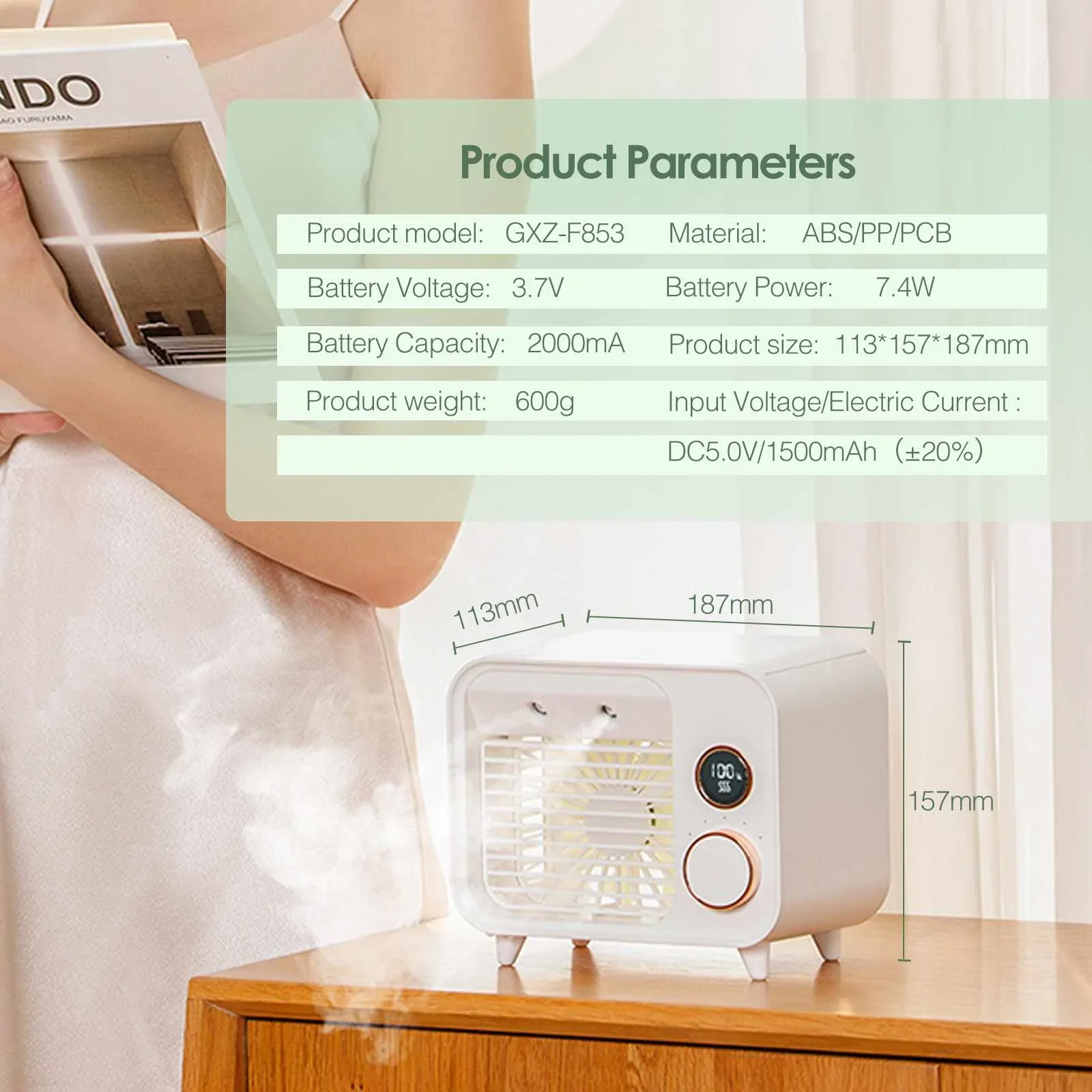 휴대용 미니 에어컨 에어 쿨러 스프레이 수냉 선풍기 가습기, LED 조명 책상, 사무실용 개인 AC 선풍기, 5 단계 속도