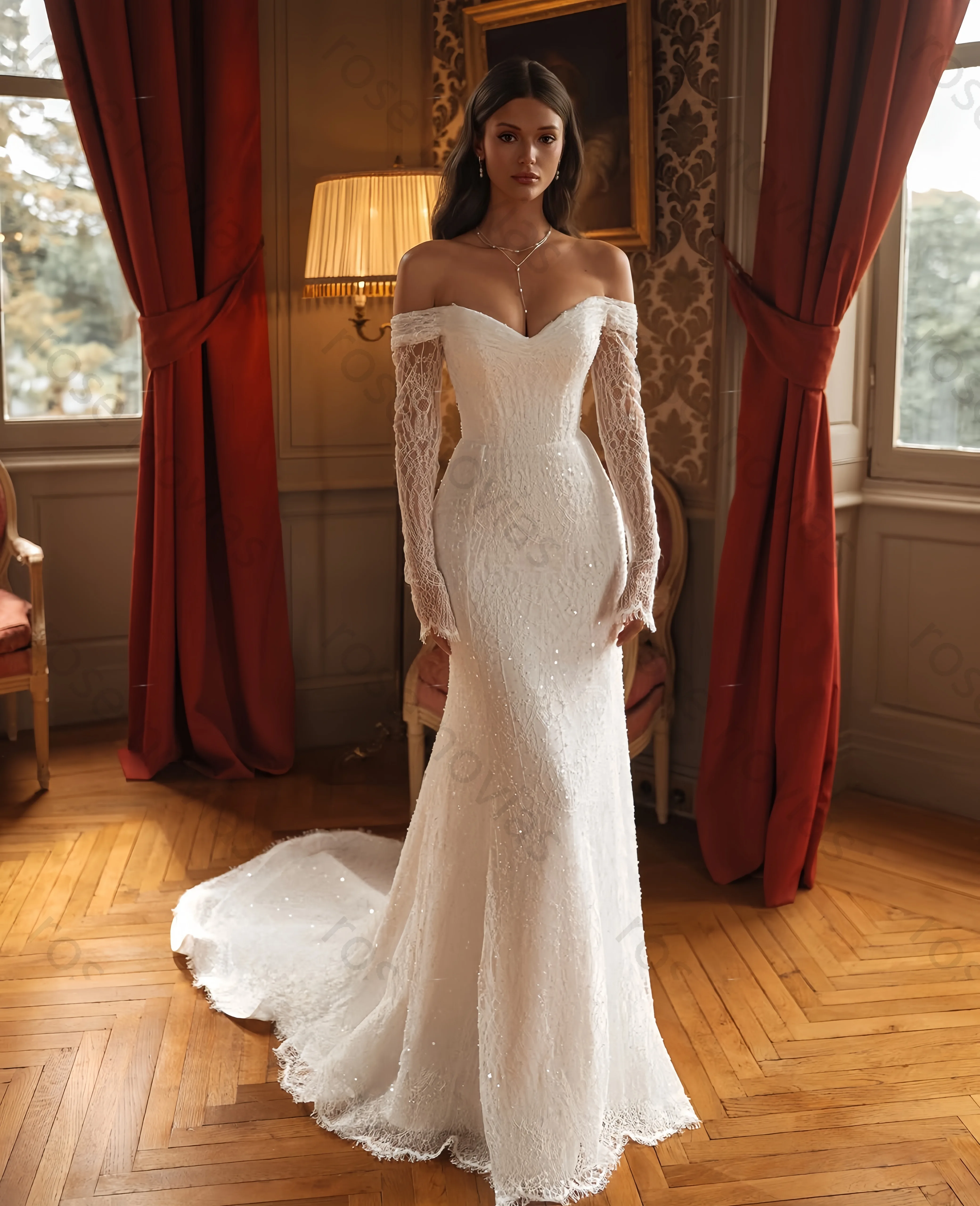 Alta calidad personalizado dulce Collar de manga larga sirena Sexy 2025 vestidos de Novia fuera del hombro sirena Vestido de Novia