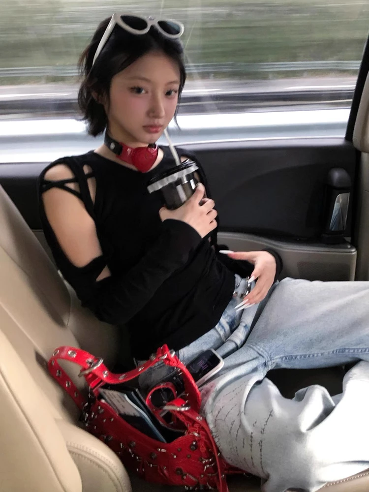 Ropa de calle de primavera, Tops recortados negros para mujer, camisetas Harajuku caladas Vintage 2025, camisetas Grunge ajustadas sexis estéticas Y2k