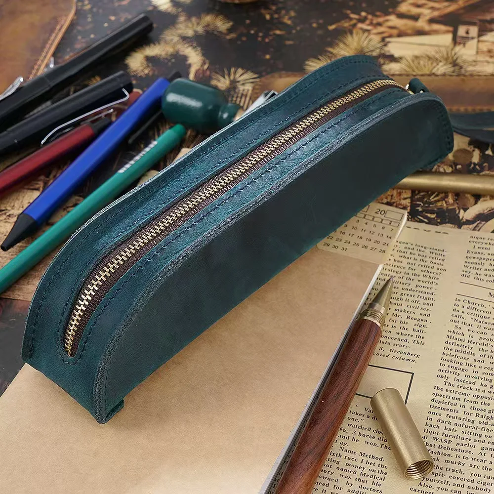 

Vintage Handmade Leather Zipper Pencil Case Student Stationery Holder Pen Pouch Bag For Office Glasses Box School Supplies