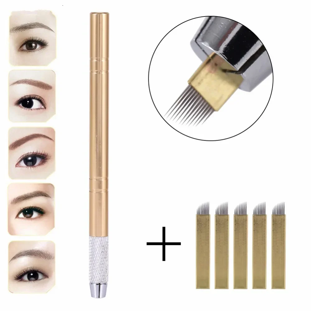 3D Manual Eyebrow Tattoo Microblading Pen Permanent Makeup Gun Stainless Steel Tattoo Supplies + 5Pcs12 Pin Flat Blade Needles