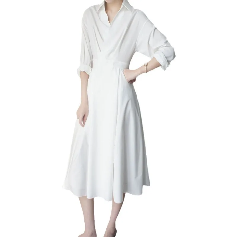 Boweylun neues französisches langes hemd kleid der frauen einreihiges mittel taille festes farbkleid weiblicher sommer