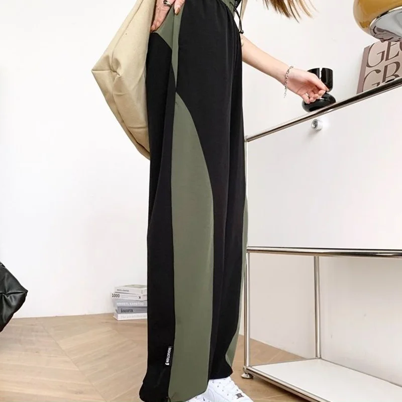 Casual Summer for Women Contrasting Colors Drawstring High Waist Letter Labeling Design Quick Drying Leg Wide Leg Sports Pants