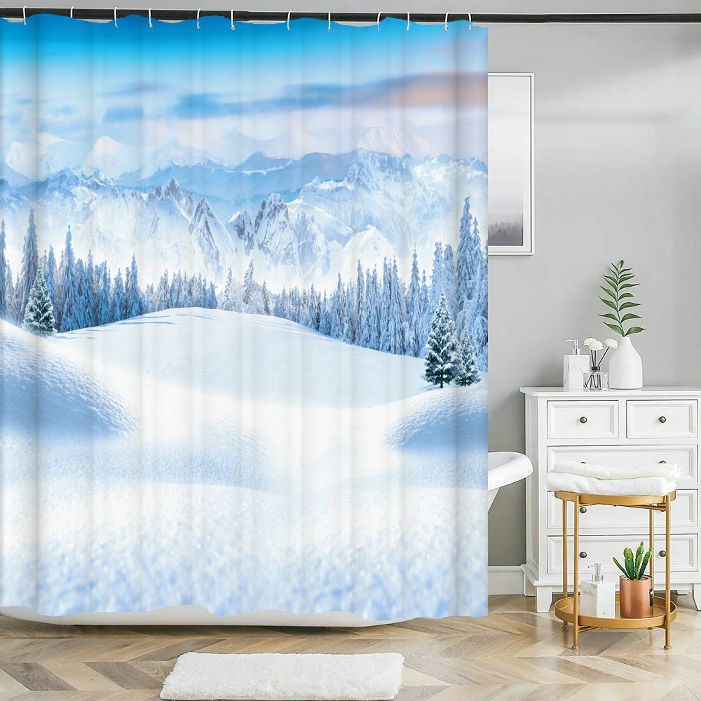 snow cedar scenery Printed shower curtain Christmas bath curtain waterproof fabric bathroom curtain with Hook for home decor