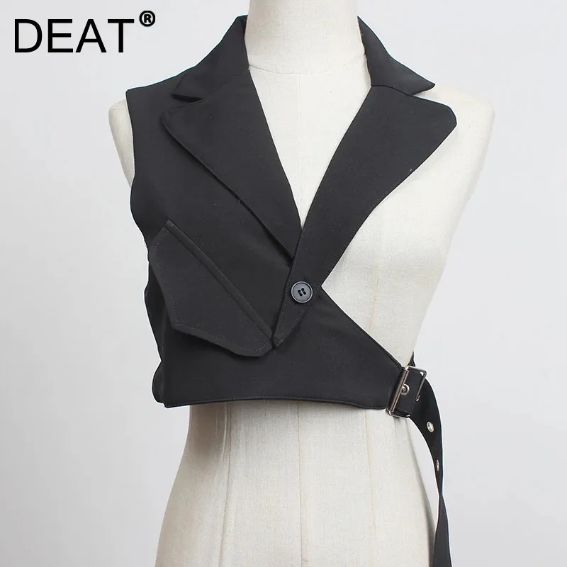 DEAT 2025 Spring New Arrival Fashion Suit Vest Jacket For Women Trendy Plaid Irregular One Buckle Belt Vests Female 11A02109