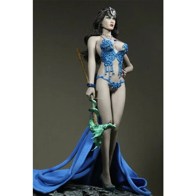 1/6 Scale Female Solider Blue Totem Trailing Dress with Bra Underwear Head Flower for 12in Ph Tbl Action Figure Doll Toys