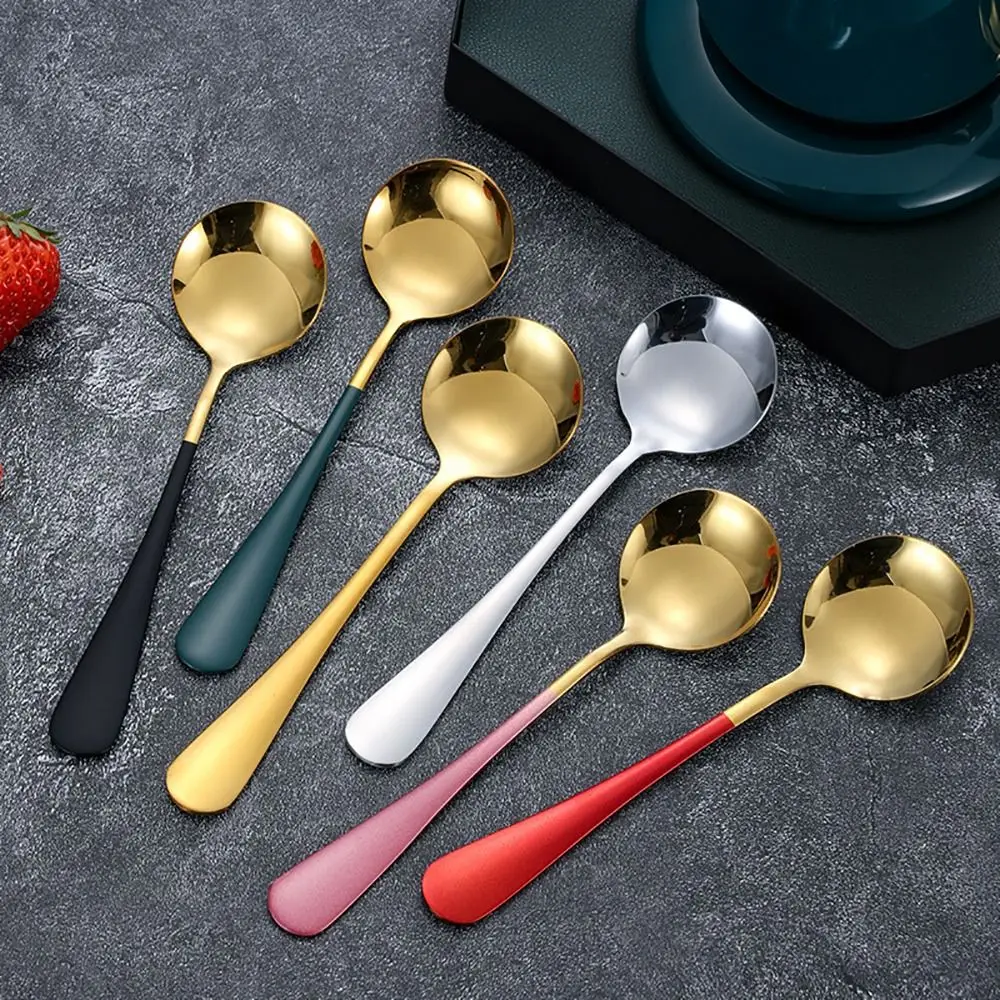 1Pcs 17cm Stainless Steel Round Soup Spoons Coffee Stirring Spoon Tableware Dessert Spoon Dishwasher Safe Kitchen Tool