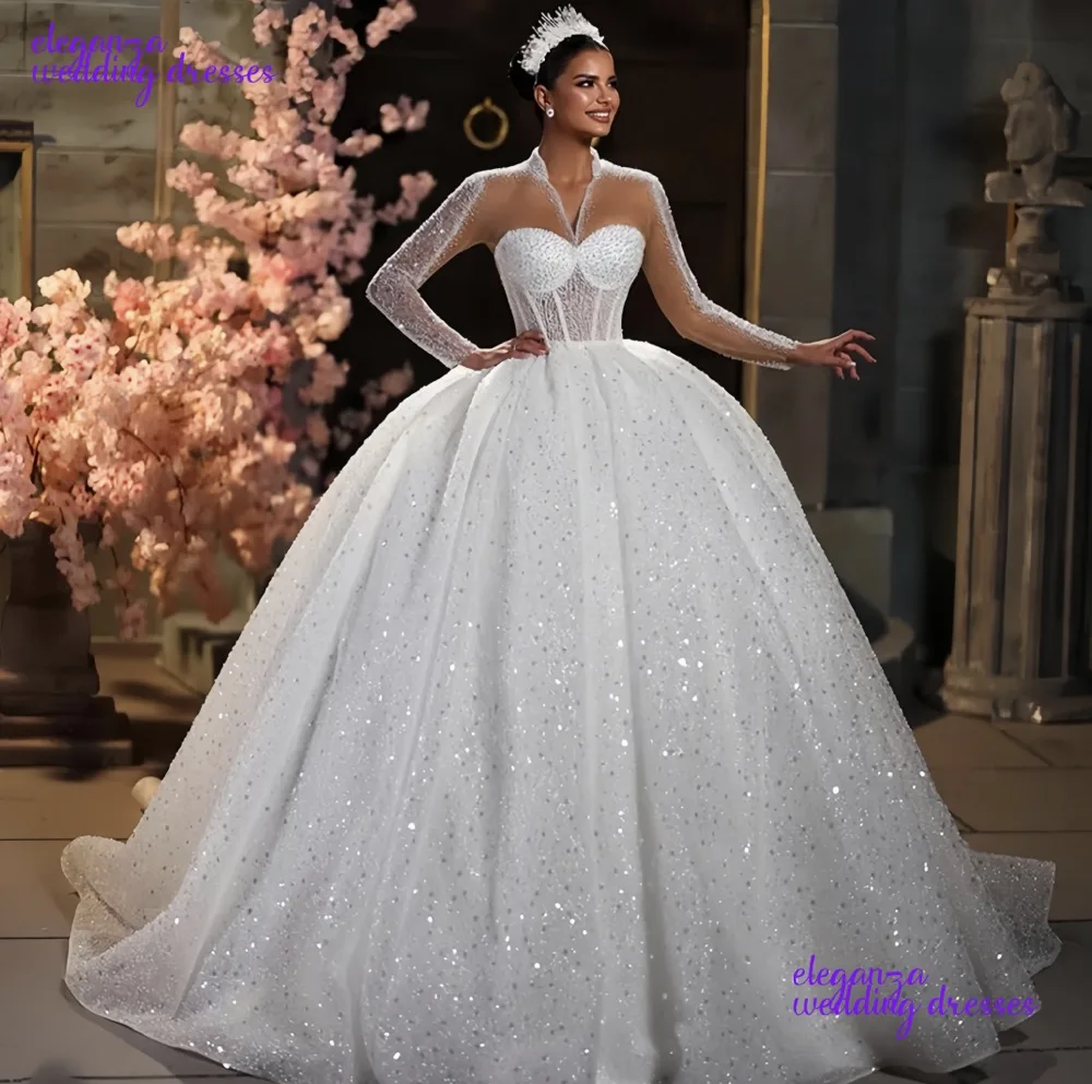 Customized Wedding Dress Organza With Embroidery Bead Ballgown High-Neck Fullsleeve Bridedress Button Vestidos De Novia 2025