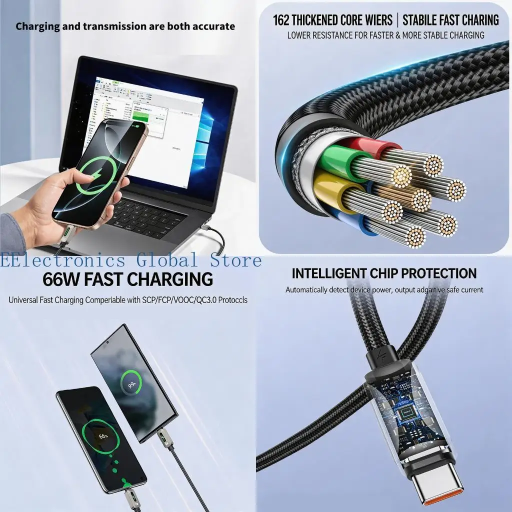 462B 6A Fast Charging USB To Type C Data Cable Charging Cord With LED Light Heavy Duty Braided Cord For Phones And Tablets