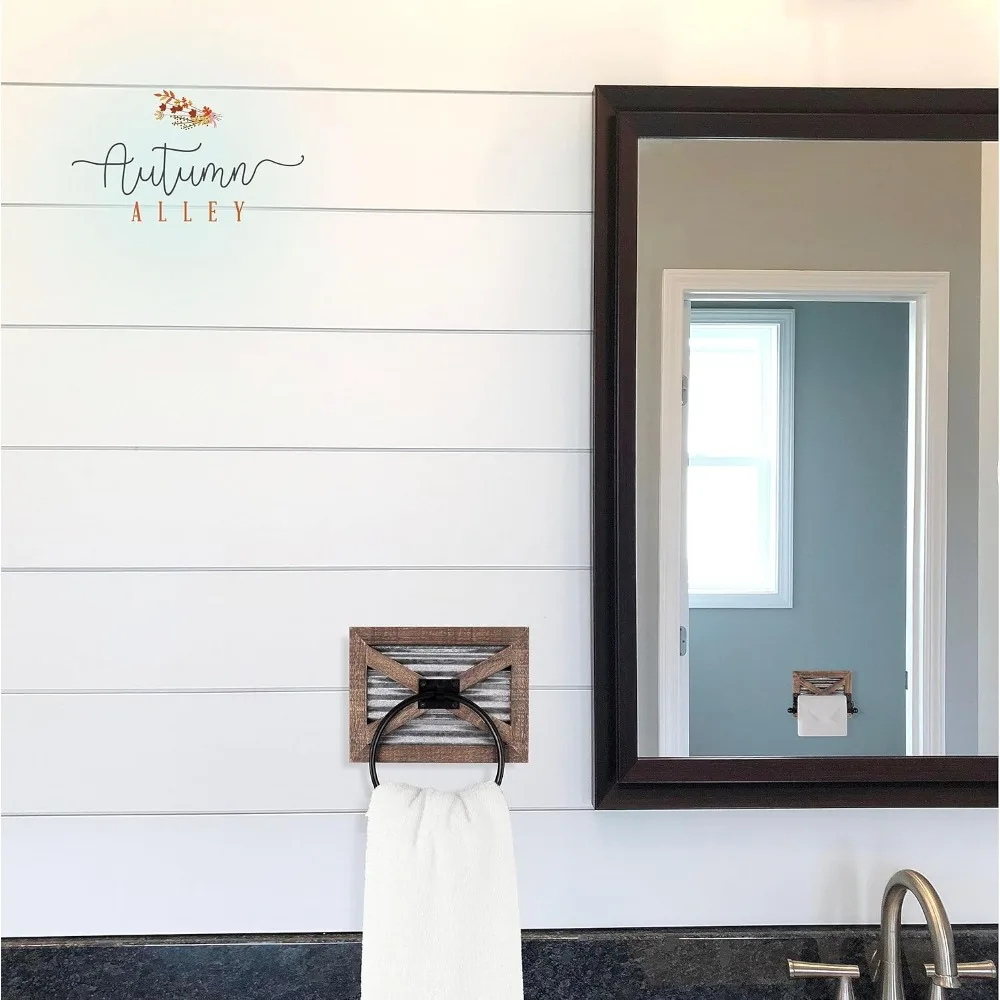 حامل ورق المرحاض على الحائط على شكل مزرعة ومجموعة حلقات المناشف، مجموعة ملحقات الحمام المكونة من 3 قطع، حاملات رف المناشف الريفية