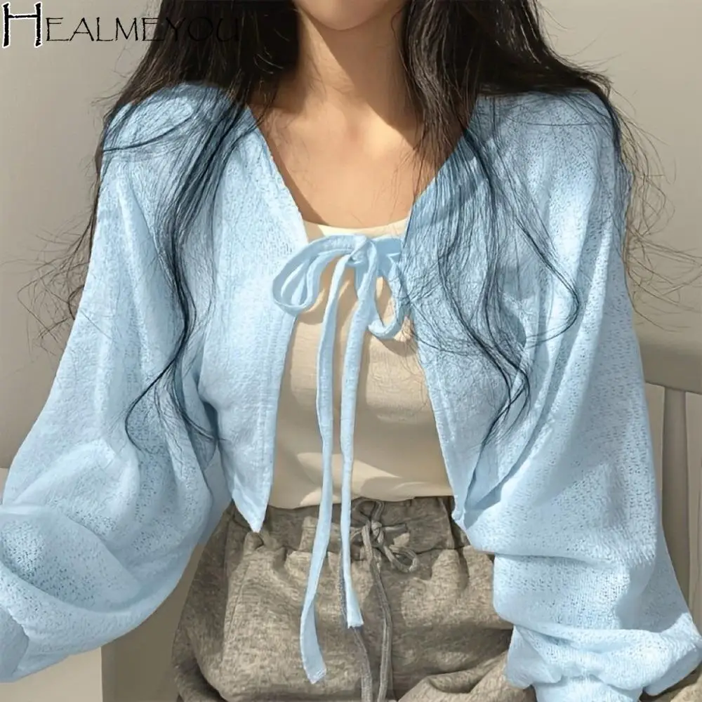 

Soft Korean Style Knitted Cardigan Short Lantern Sleeve Raglan Sleeve Knitwear Tops Lace-Up Thin Sweater Shawl Girls