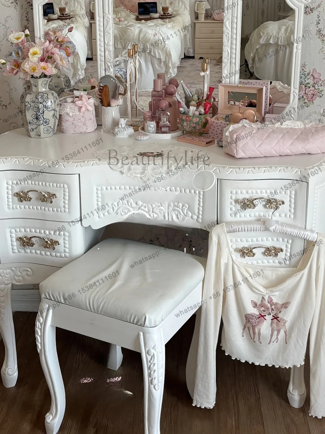 French retro solid wood engraved dressing table Nordic white makeup table furniture customization