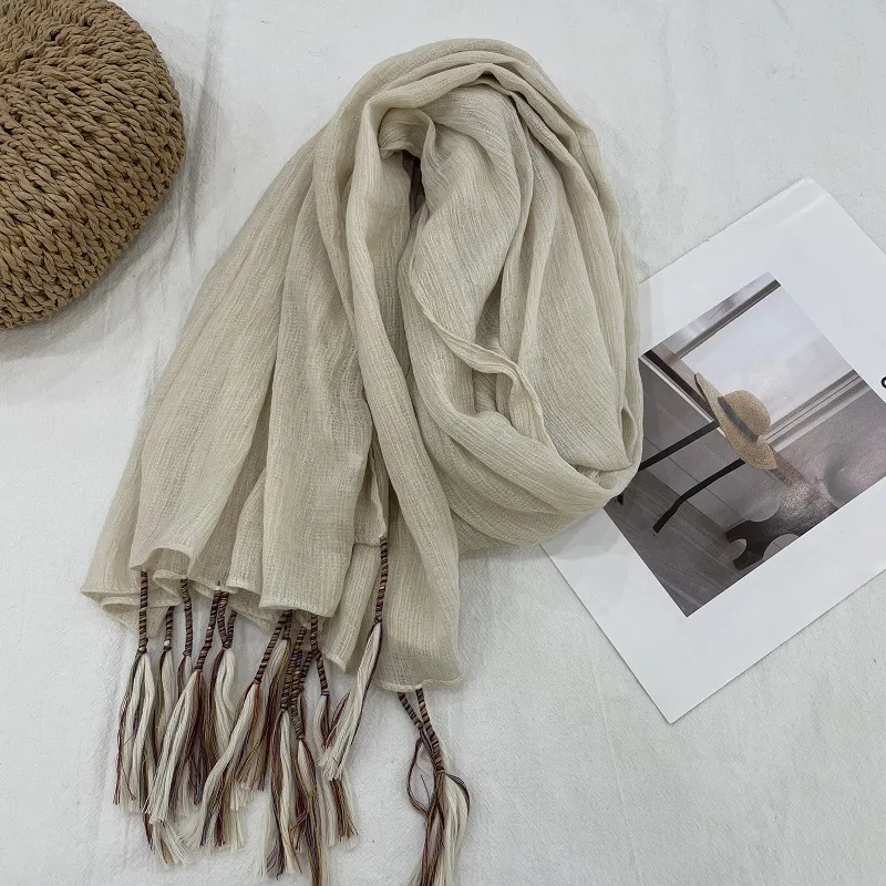 

Autumn and Winter Literary Retro Cotton and Linen Hanging Colorful Beard Scarf Women's Sun Protection Large Shawl Decoration