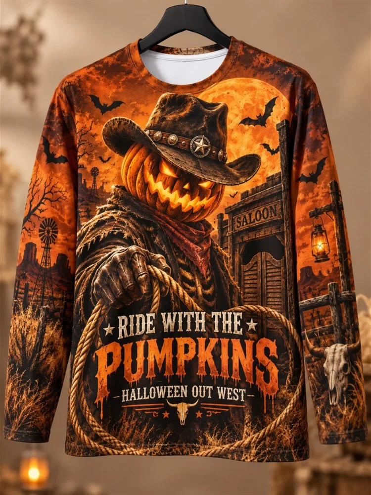 Men's Halloween Pumpkin Cowboy Long Sleeve T-Shirt Western Saloon Bat Moon Rope Skull Graphic Tee Pullover Tops Gift New 2026