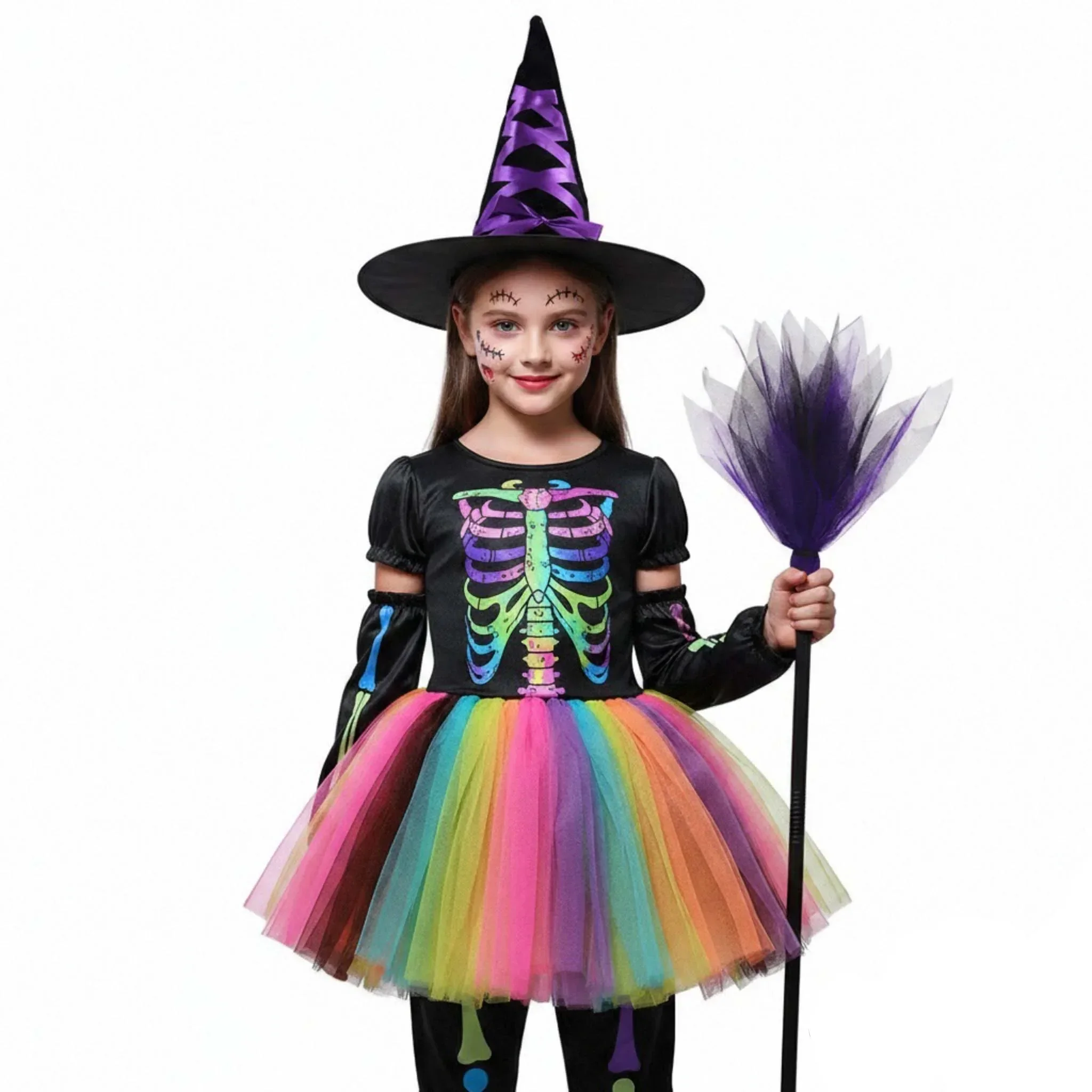 2026 Mädchen Skelett-Rose Punk Cosplay Kleid mit Hose Set Knochen-Print Kinder-Outfit für Halloween Bühnenparty Verkleidungskostüm – Detail 2