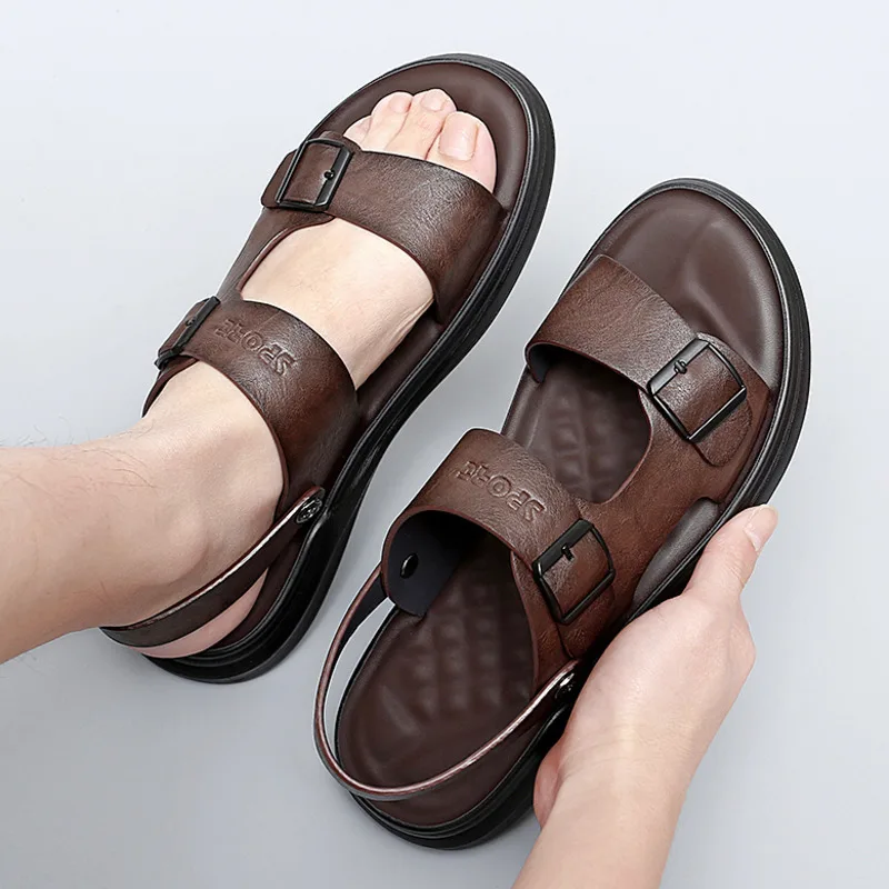 2023 Men Shoes Leather Sandals Sale Waterproof Slip On Casual Cow Leather Male Soft Men\'s Sandals Sole Beach Slippers Sandalias