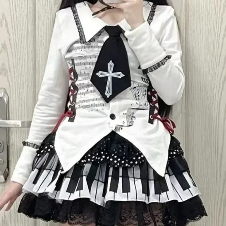 

Punk Black White Piano Keys Skirts Vintage Wave Point Lace Skirt for Women Y2k Grunge Ruched A-line Faldas Mujer CHJ5623695