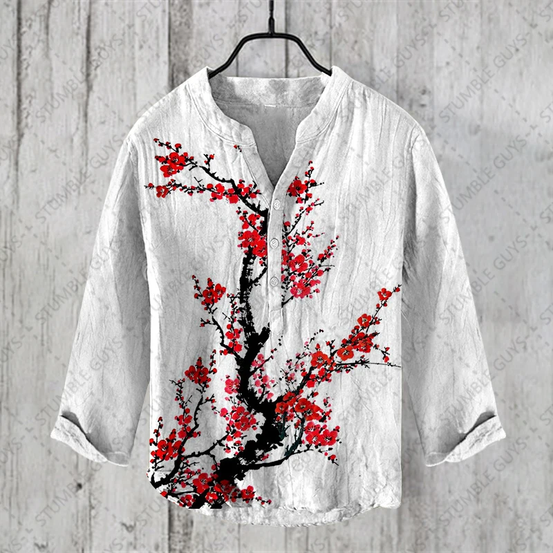 

New 2024 Autumn Plum blossom print mans shirt fashion Retro Man Casual v-neck Shirt long Sleeve Henley Shirt