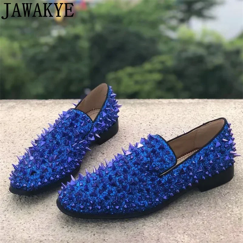 Jakakye-zapatos planos clásicos con remaches brillantes para hombre, mocasines sin cordones de punta redonda, coloridos, moda semanal