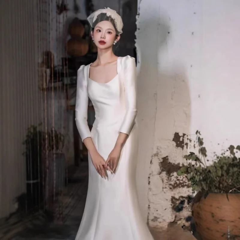 فستان زفاف من الساتان الأبيض الخفيف بأكمام طويلة يغطي الذراع أنيق حورية البحر خفيف فاخر ثوب زفاف العروس المتخصصة