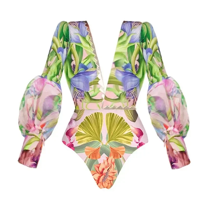 

V-neck Long Sleeve Swimwear Flowers Printed One Piece Swimsuit and Skirt Beachwear Bathing Suit bikini Two piece