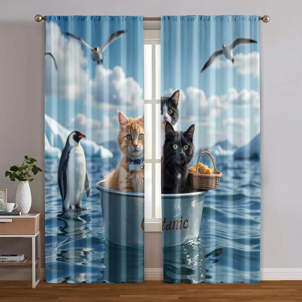 

2pcs, Curtain Set Cute Cat Mouse Seagull Penguin Machine Washable (without rod) Art Deco Festive Use for Living Room, Bedroom,