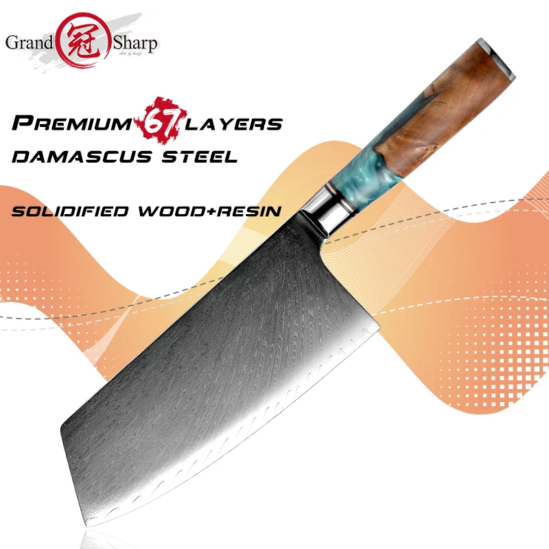 Grandsharp 7.5 inch Kitchen Knife Damascus Steel Knife Butcher Meat Chopping Cleaver Knife Vegetable Japanese Chef Knives