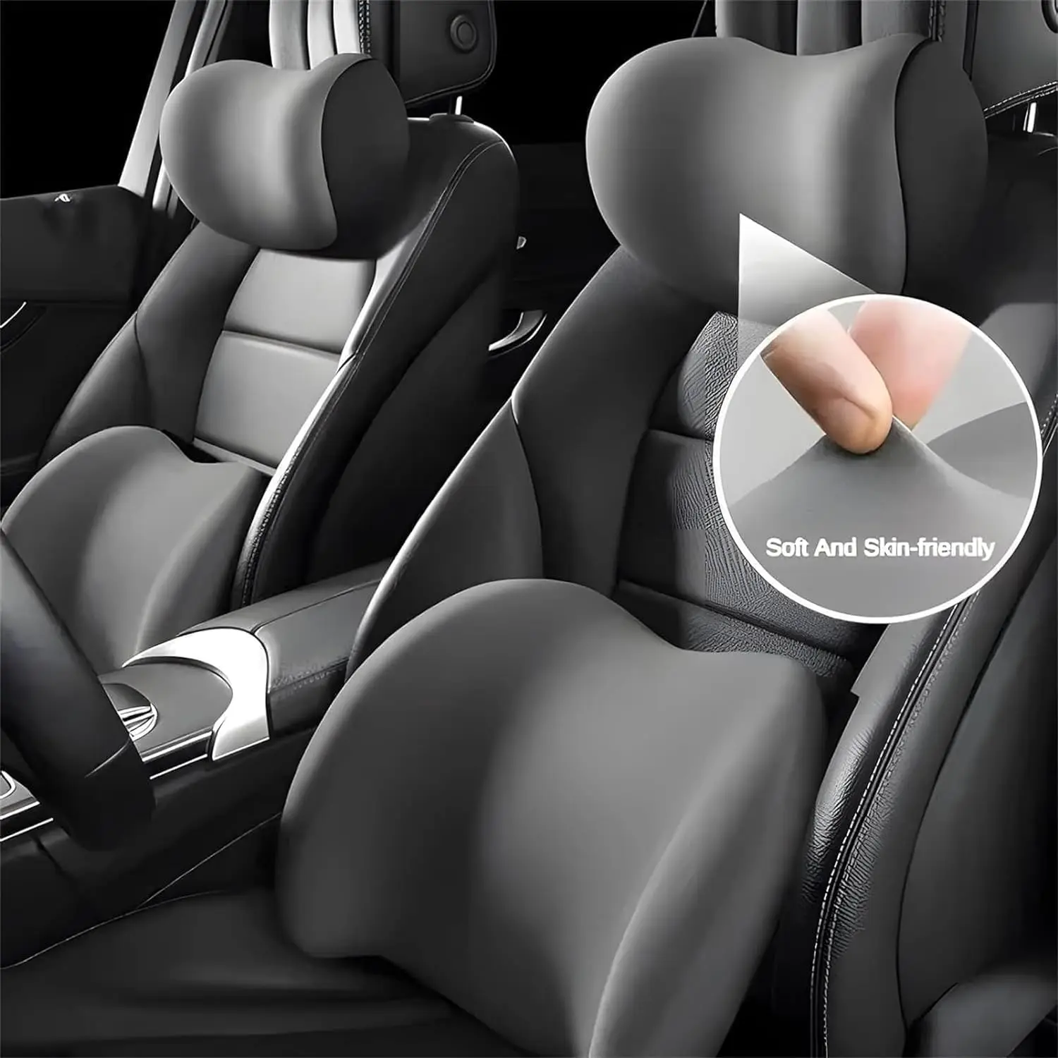 Car Headrest & Lumbar Support Cushion Neck Pillow Kit Ergonomic Car Seat Cushion with Adjustable Strap for Neck Back Pain Relief