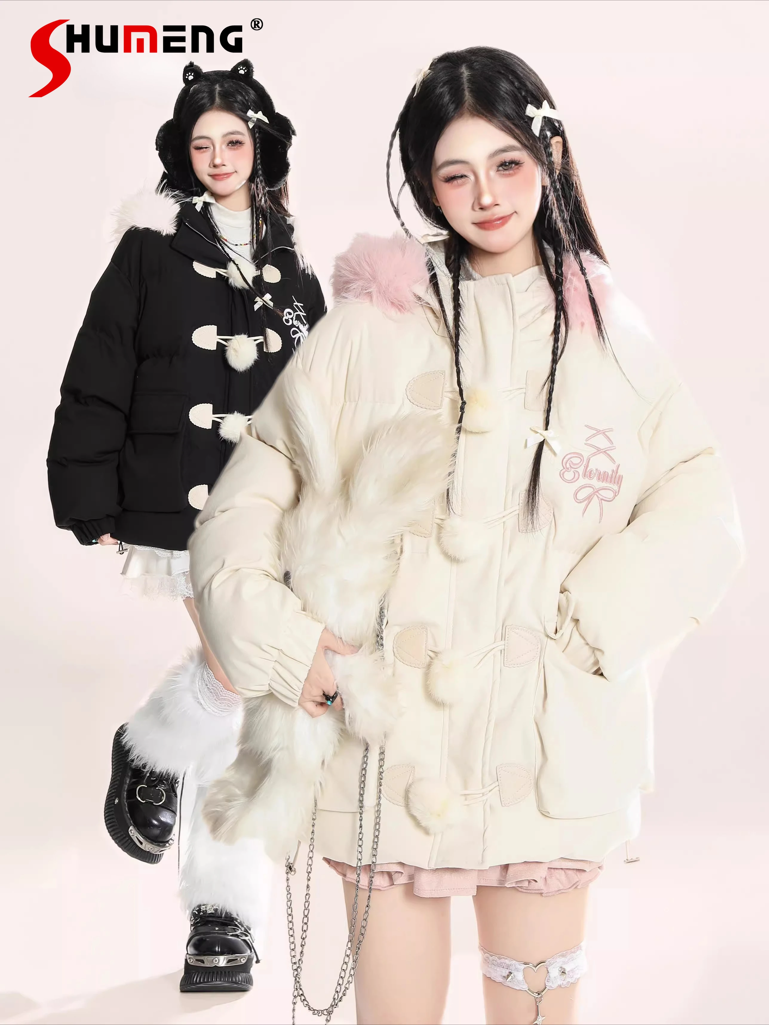 

Japanese Style Sweet Cute Girl Winter Coat Plush Hooded Embroidered Kawaii Versatile Thick Warm Cotton Jacket for Women Parkas