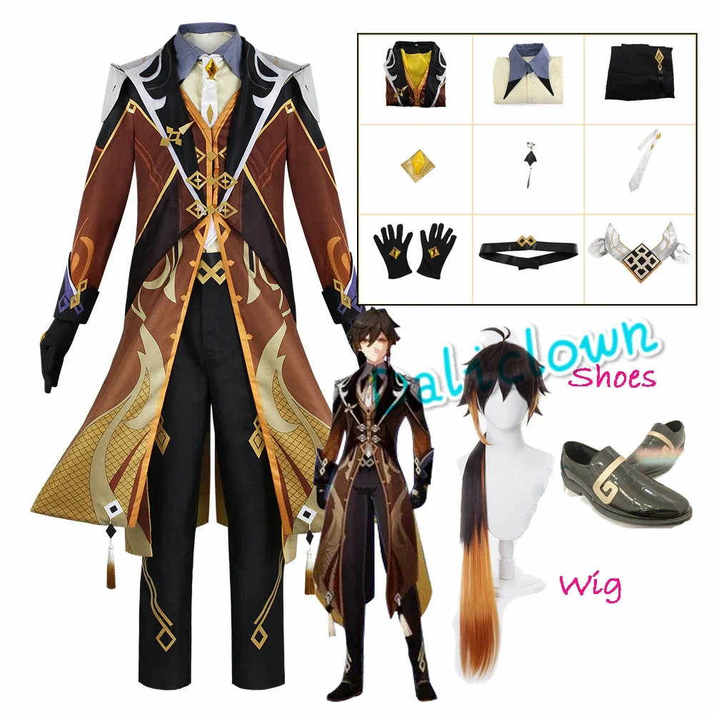 

Game GenshinImpact Zhongli Cosplay Costume Zhong Li Wig Shoes Full Set Morax Zhong Li Outfit Comic Con Game Cosplay