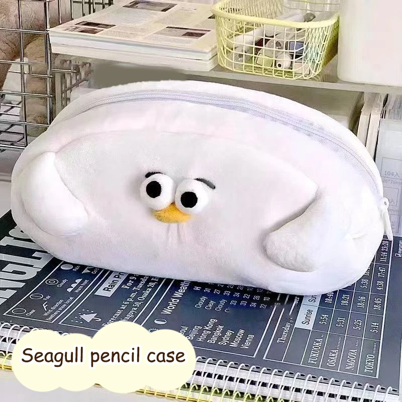 

1PC Portable Kawaii Cartoon Seagull Pencil Case Large Capacity Cute Plush Pouch Bag For Girls School Supplies Korean Style