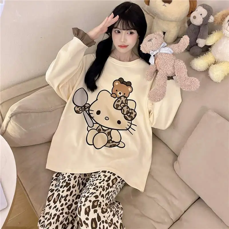 

Anime Hello Kiity Cartoon Pure Cotton Female Spring Pajamas Cute Round Neck Leisure Long Sleeves Plus Size Lounge Clothes Suit