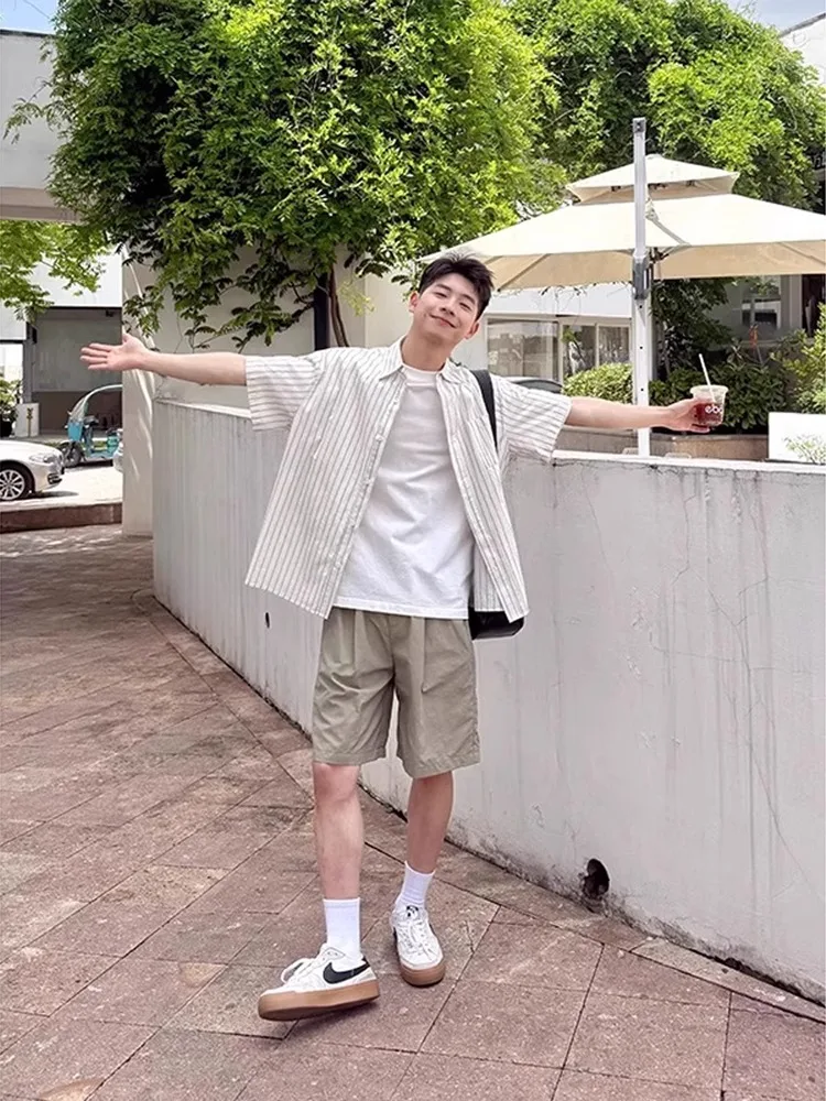 

White Striped ort Sve Men's irt Summer Thin Loose Casual Sle Teenager Feeling Top Breathable Lightweight irt