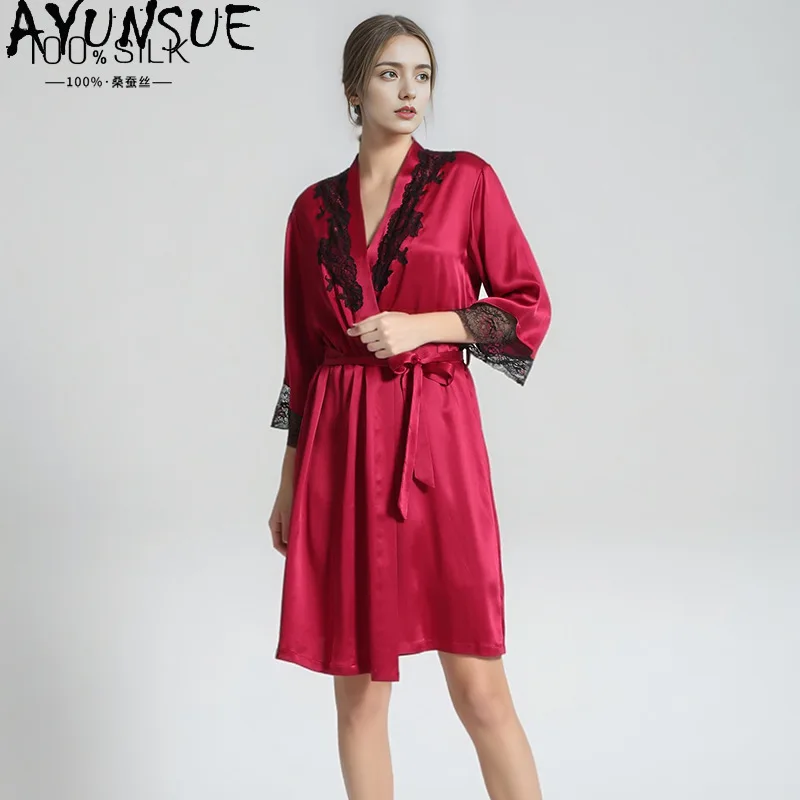 AYUNSUE 19mm Heavyweight Silk Robe for Woman Luxury Lace Bathrobe Wedding Bridal Robe High Quality Woman Nightwear Pyjamas Femme