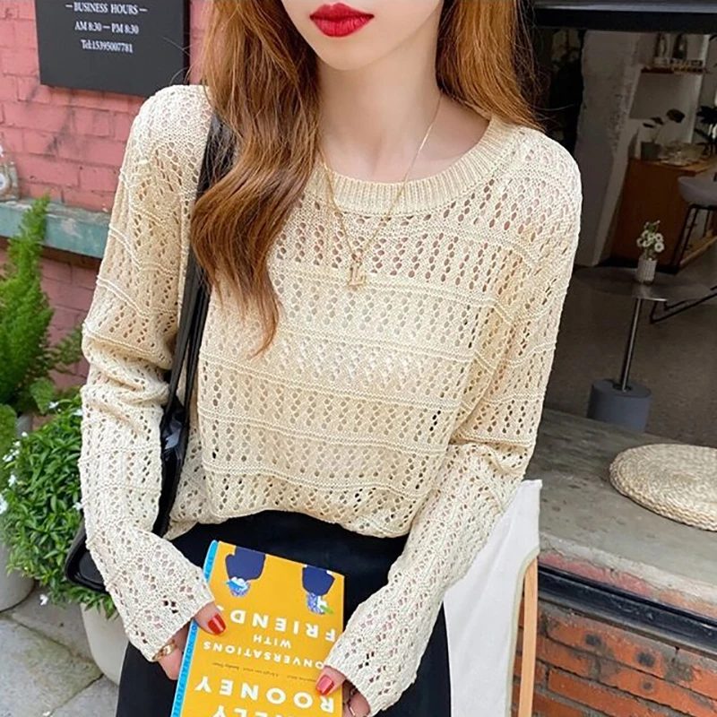 Summer Women Solid Color Round Neck Hollow Out Long Sleeve Casual Loose Knitted Top